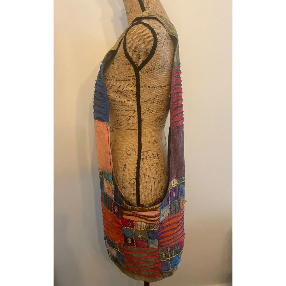 Boho Crossbody Patch Work Sack Bag Hippie Vibe Made in Nepal Zipper Pull Missing